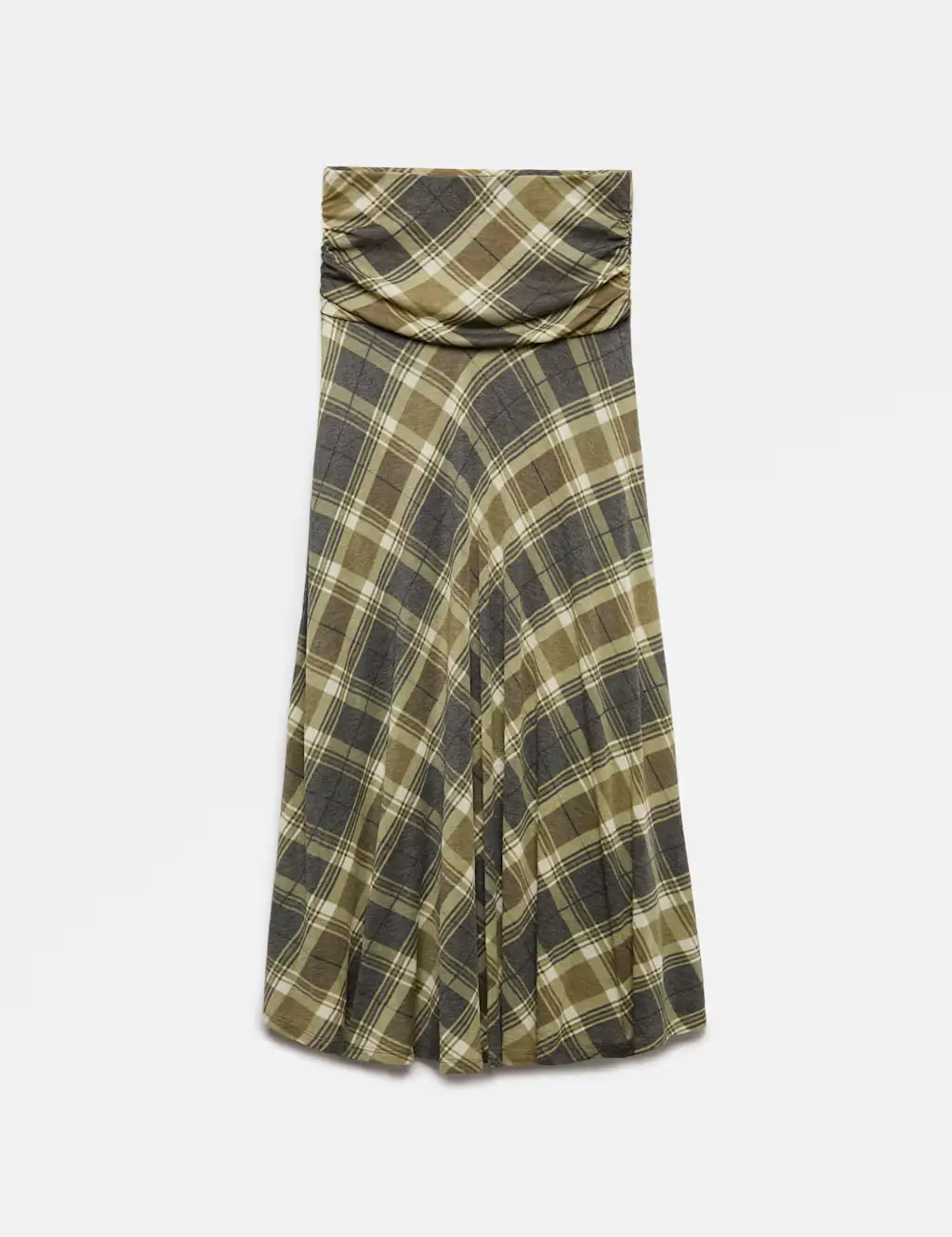 Lyocell Blend Checked Ruched Midi A-Line Skirt