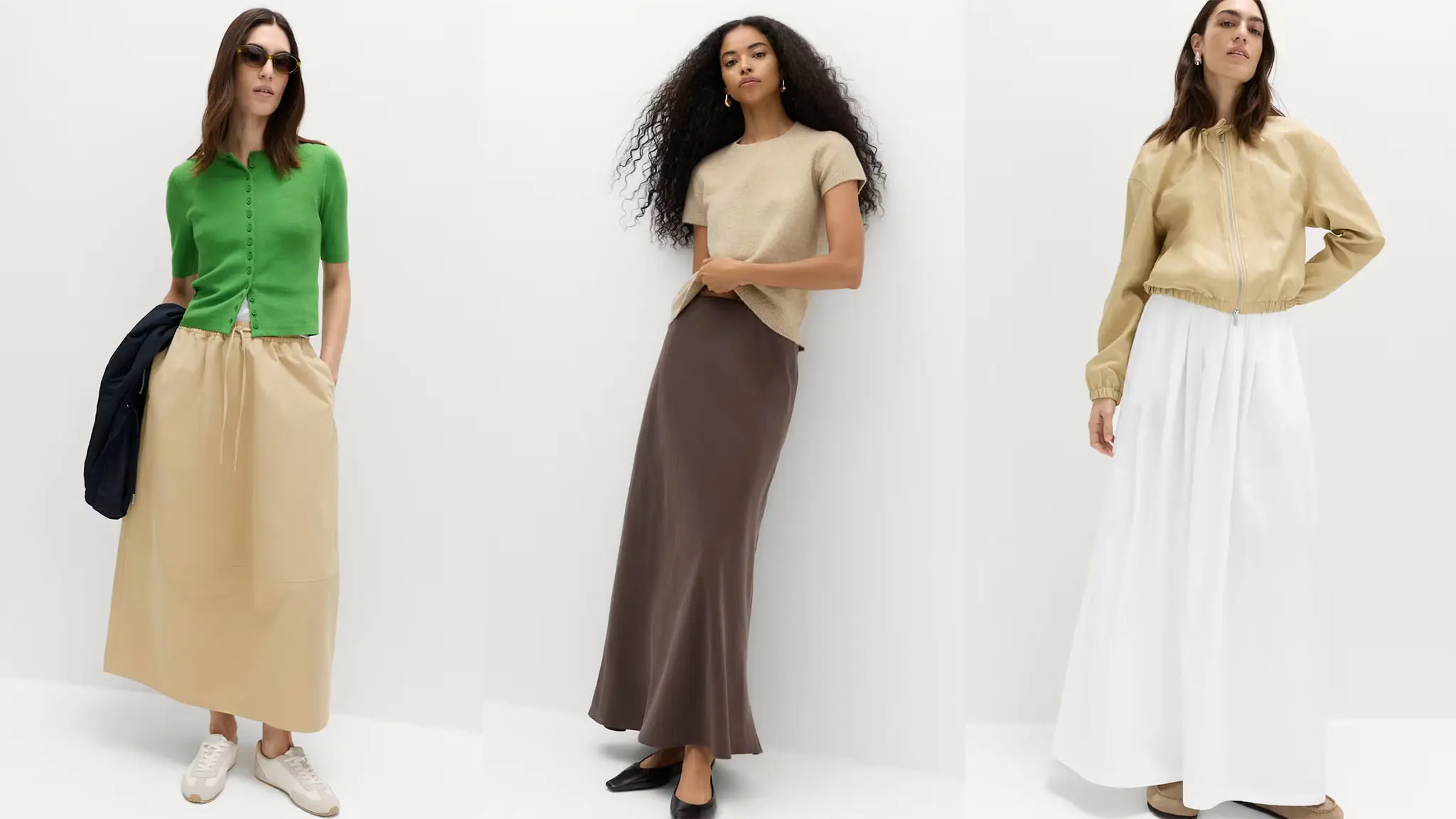 Three outfits with long skirts