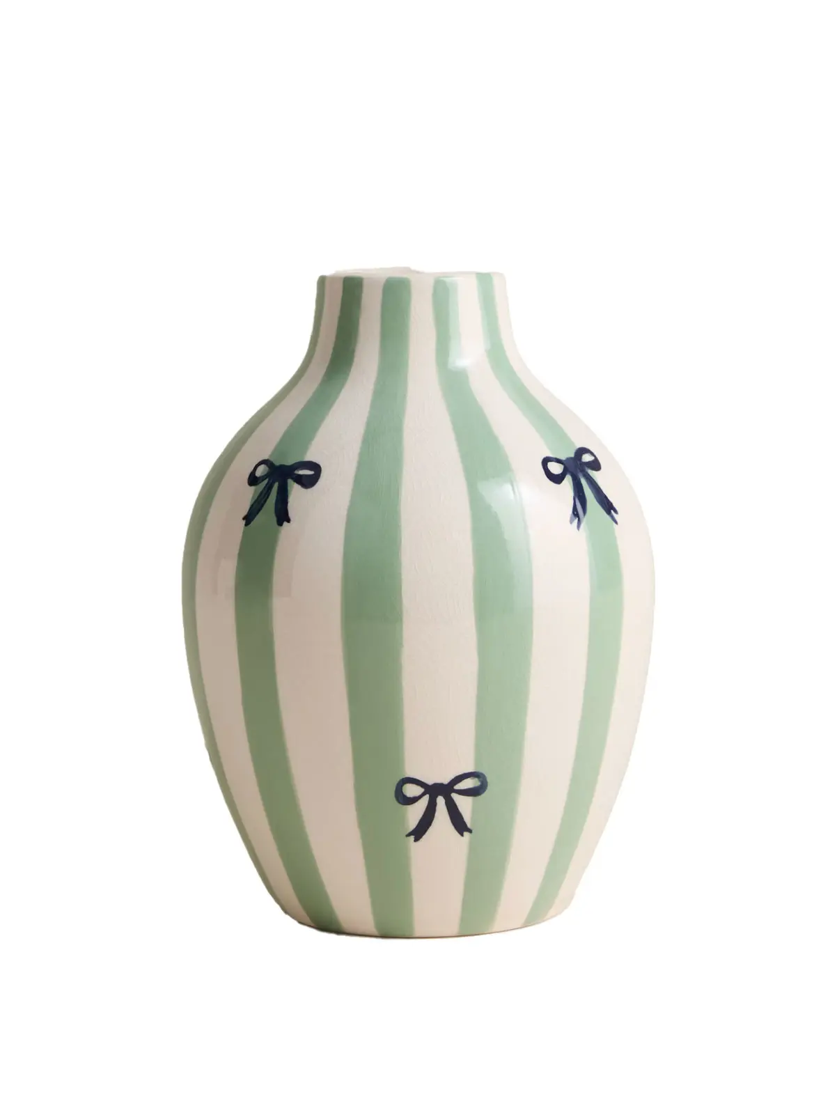 Image of mint green striped vase with bow pattern
