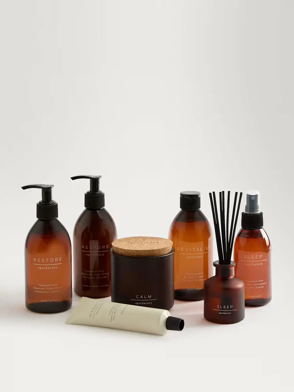 Apothecary heroes gift including hand wash, hand soap, hand cream, body wash, room spray, a candle and reed diffuser