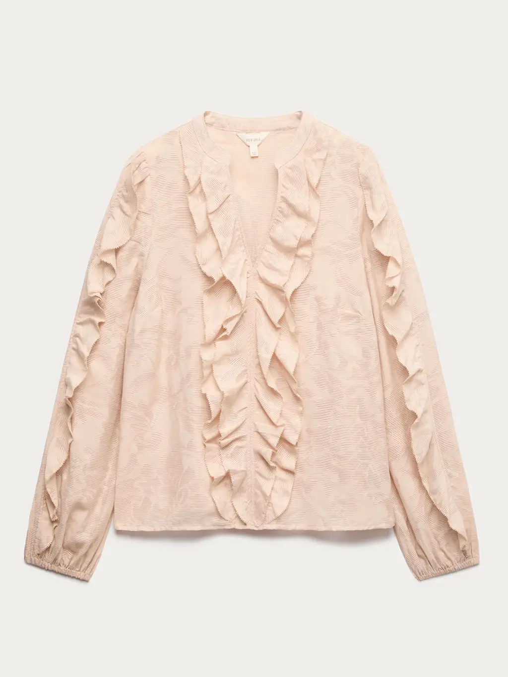 Pink floral-jacquard ruffled blouse