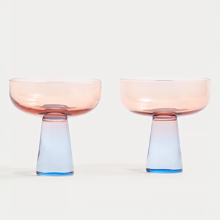 Set of two colourful champagne coupe glasses