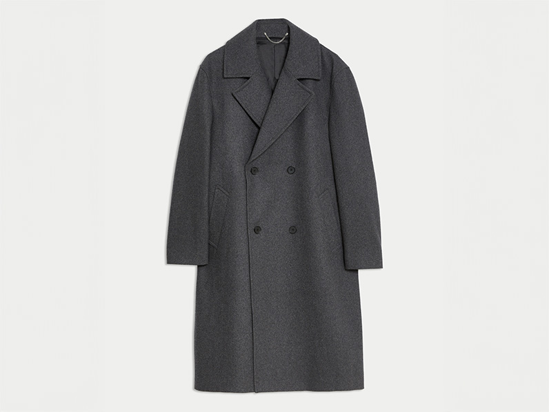 Men's grey double-breasted overcoat with notched lapels