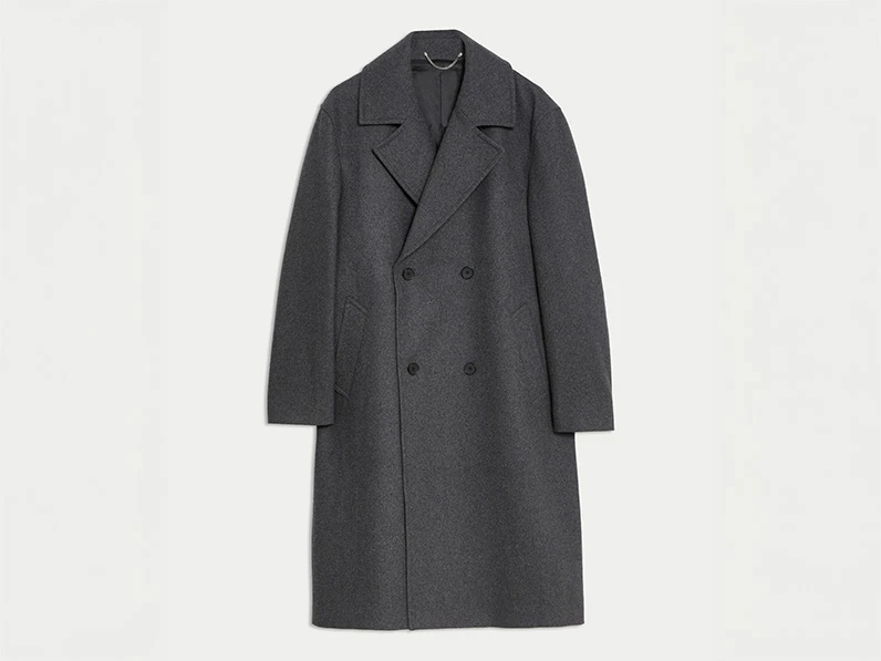 Men's grey double-breasted overcoat with notched lapels