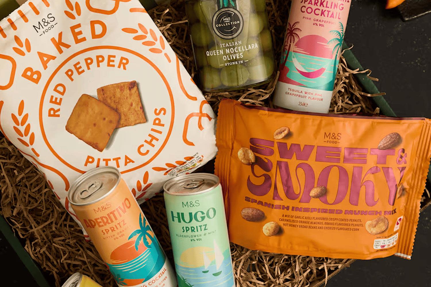 Snacks and drinks in hamper