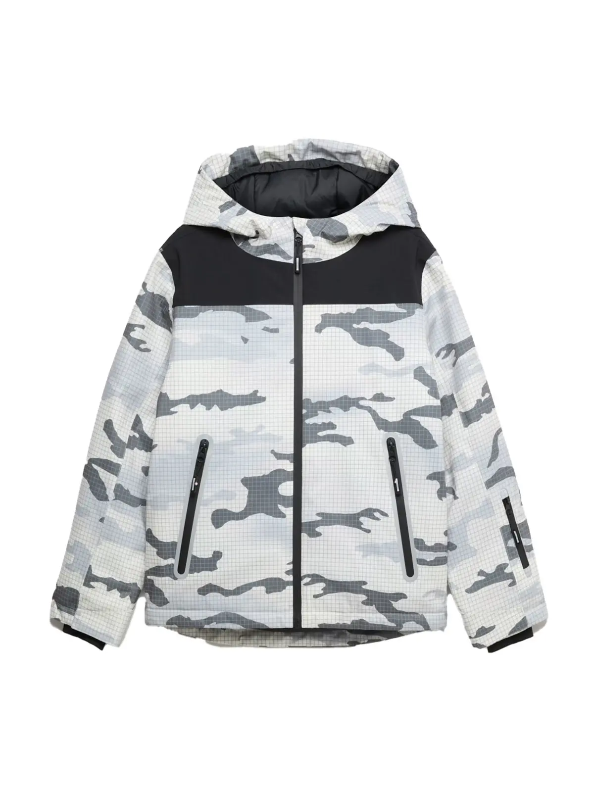 Black and white camouflage print ski jacket with hood and side pockets
