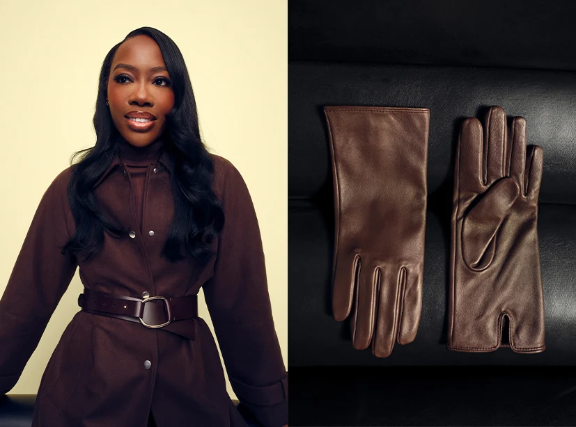 Side-by-side collage of woman wearing brown belted coat and mocha brown leather gloves