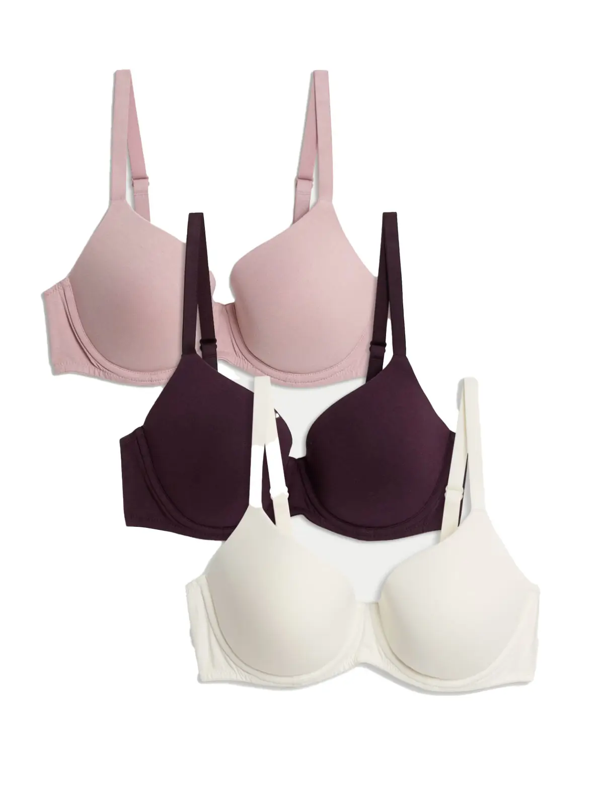 Image of 3 bras in light pink, plum purple and cream