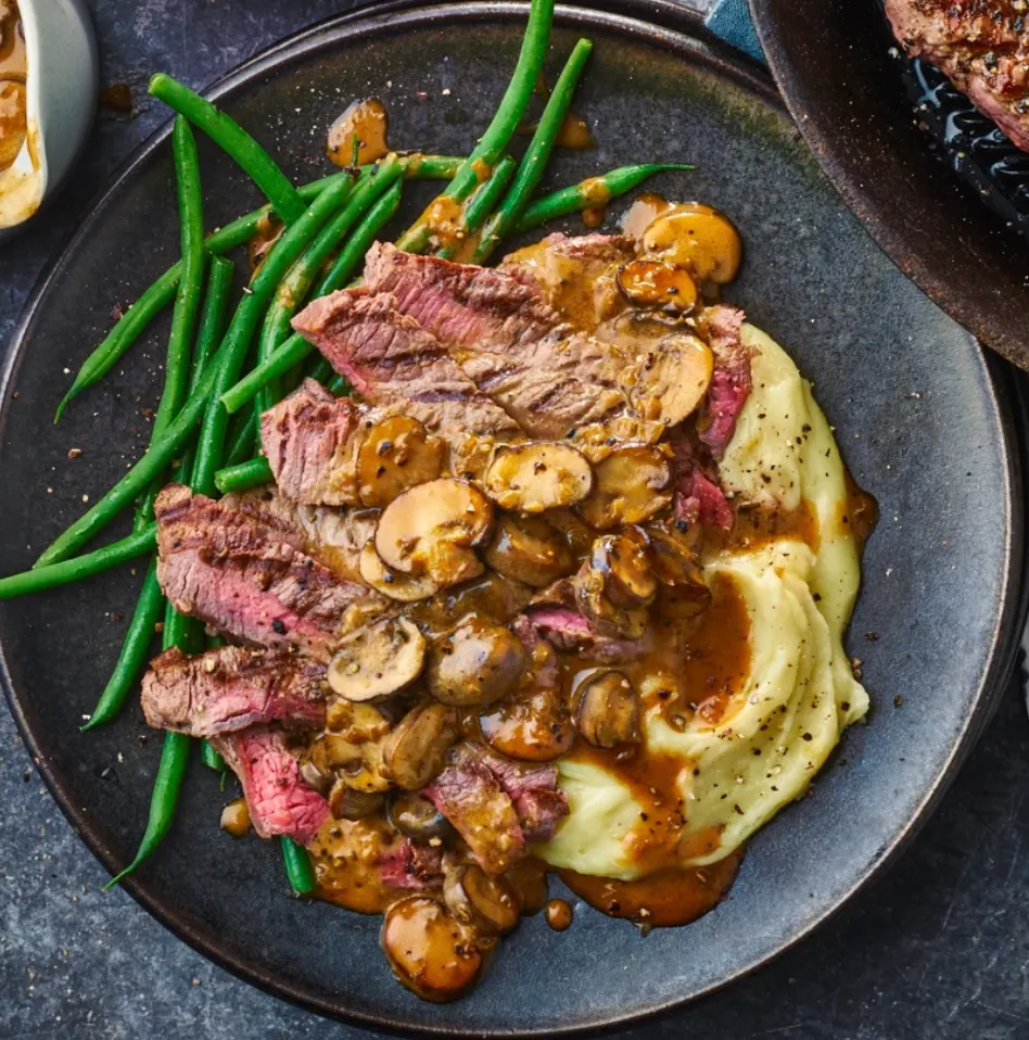 Ribeye steaks with brandy and mushroom sauce