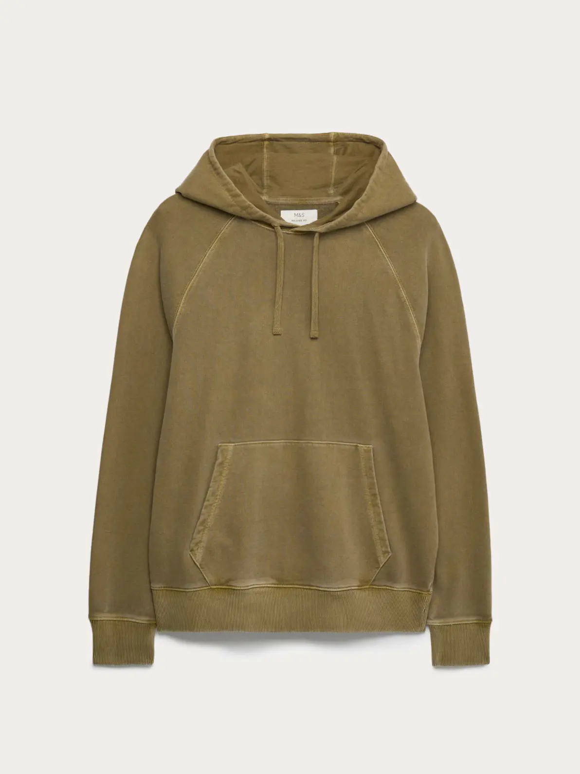 Olive-coloured hoodie with kangaroo front pocket