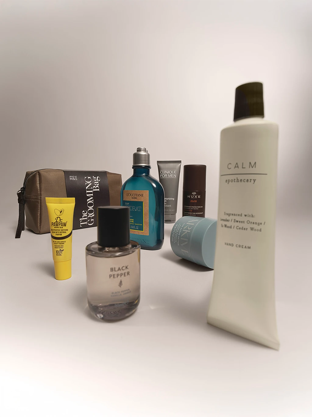 Assorted men's wellness and skincare products
