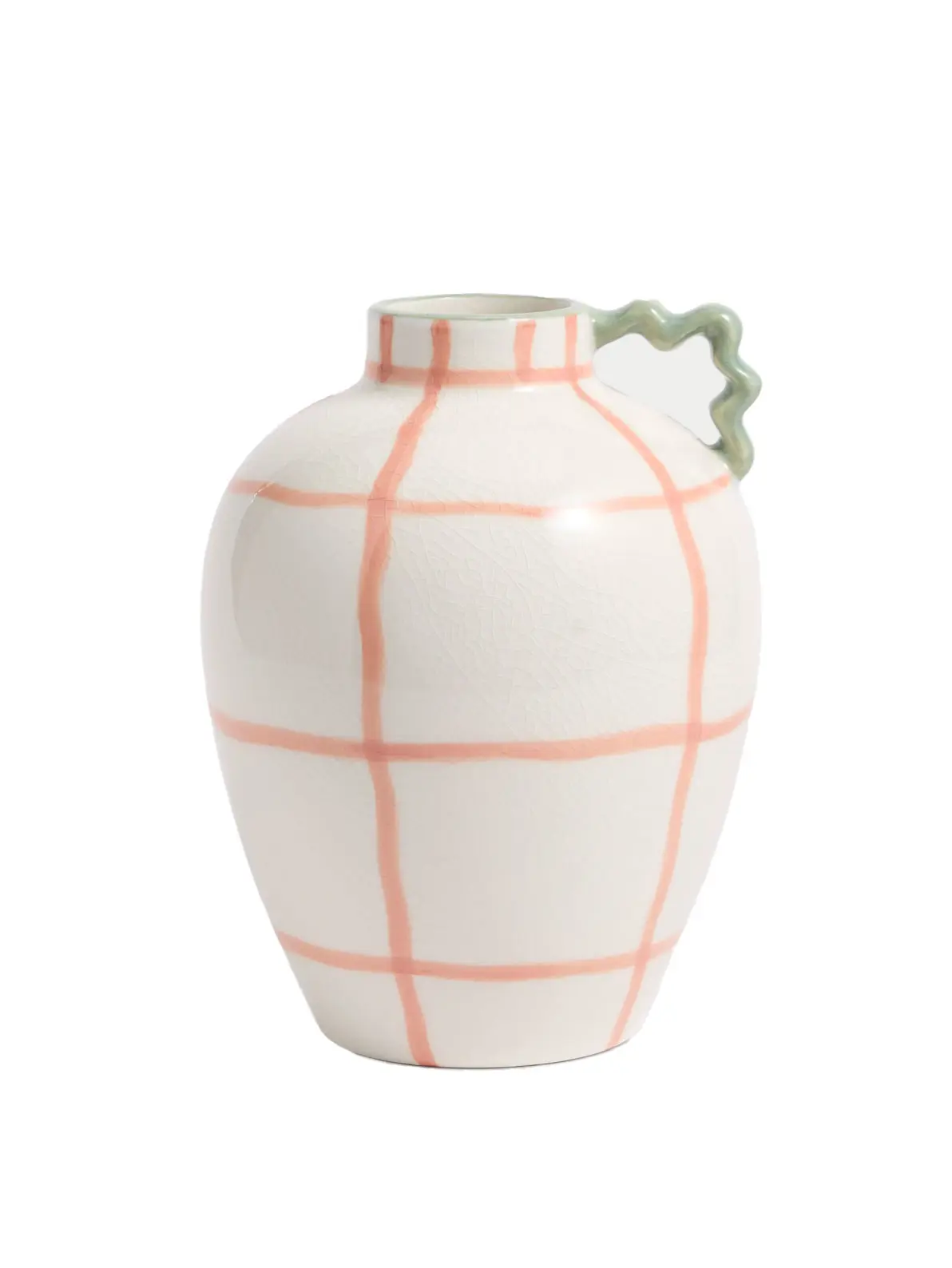 Image of checked jug-shaped vase with contrasting green wiggle handle