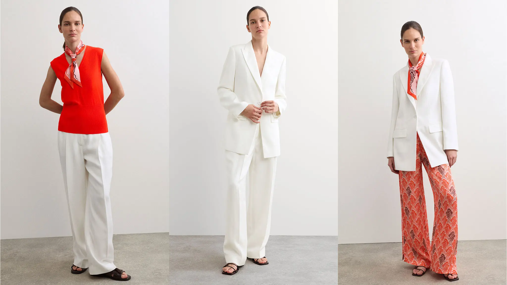 Woman wearing a white seersucker suit three different ways