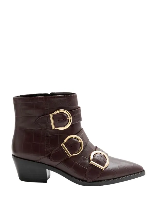 Burgundy ankle boots with gold buckles and a low heel by M&S