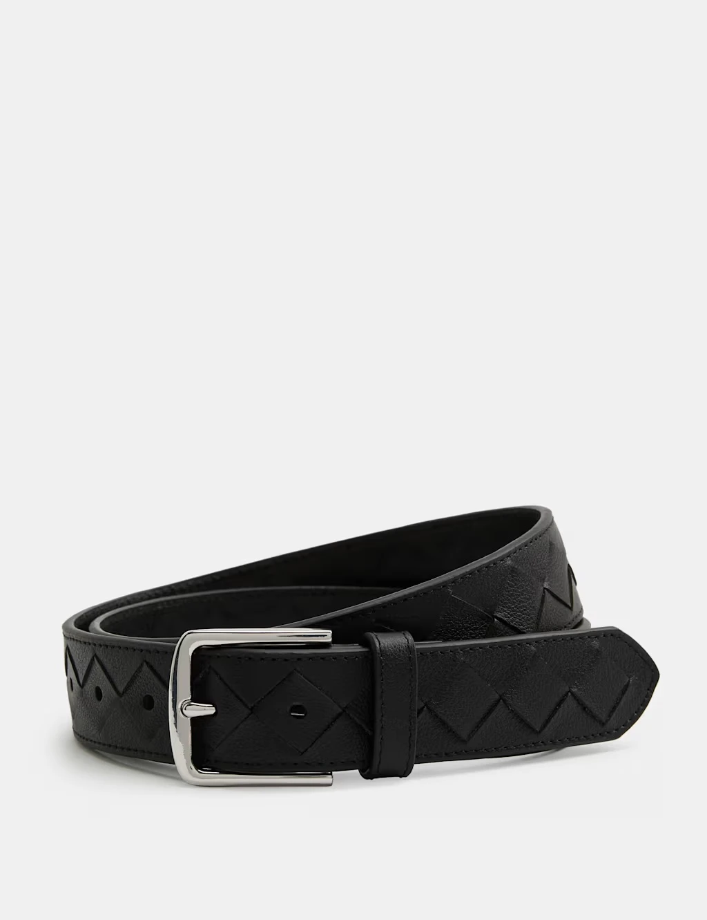 Men's black leather belt with a woven pattern and silver buckle.