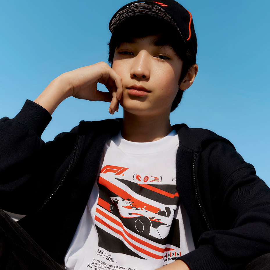 Boy wearing graphic T-shirt, black jacket and cap 