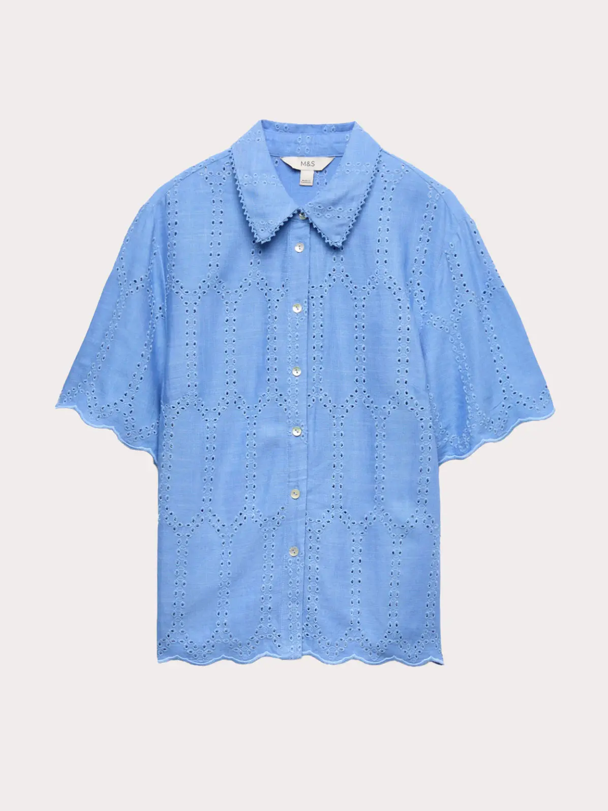 Blue short-sleeved shirt with broderie detail 