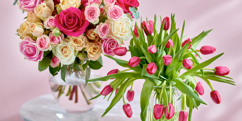 One bouquet of pink roses and a bouquet of pink tulips. Shop next day delivery flowers