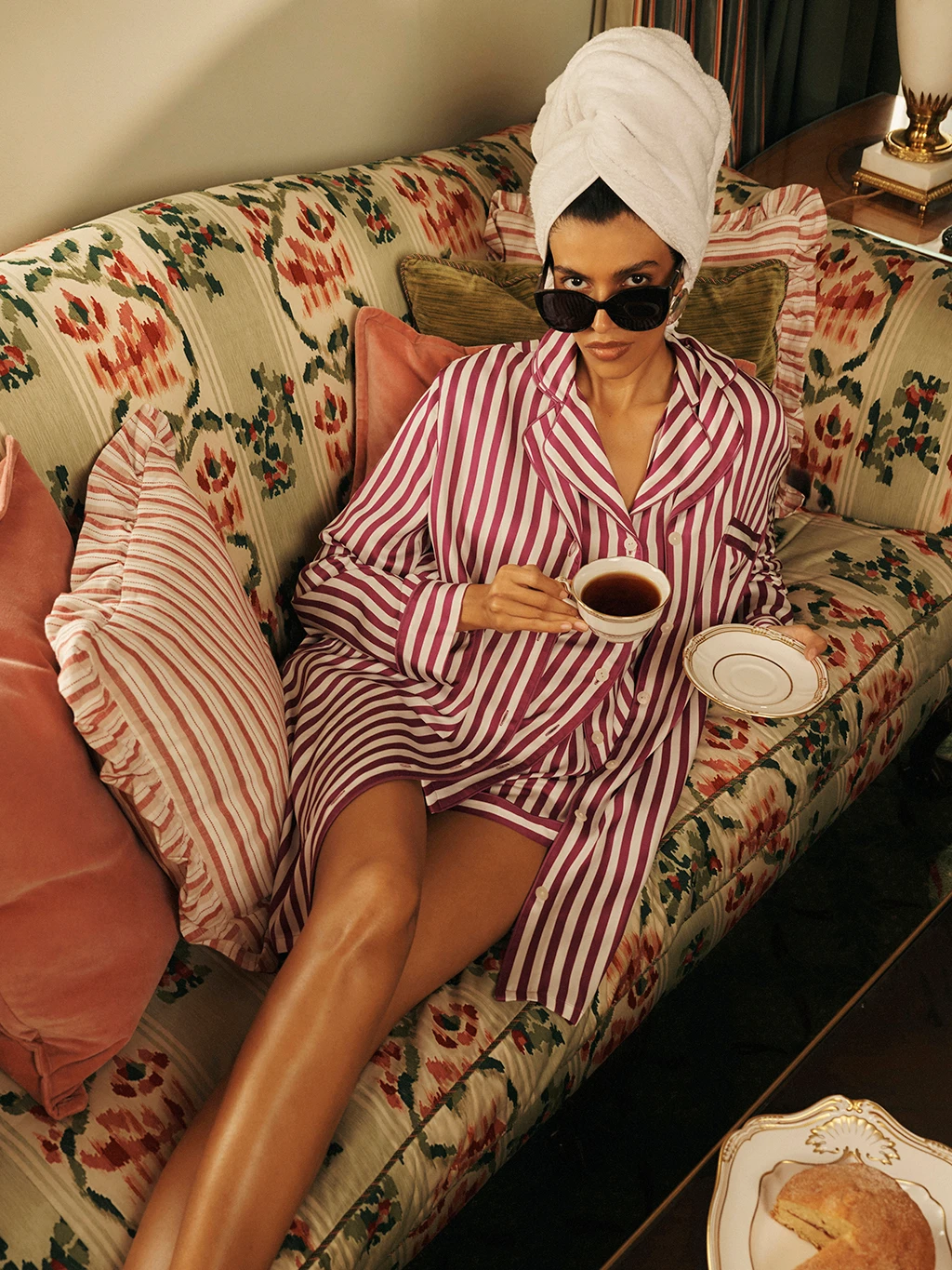 Woman wearing striped pyjamas by M&S X Olivia von Halle