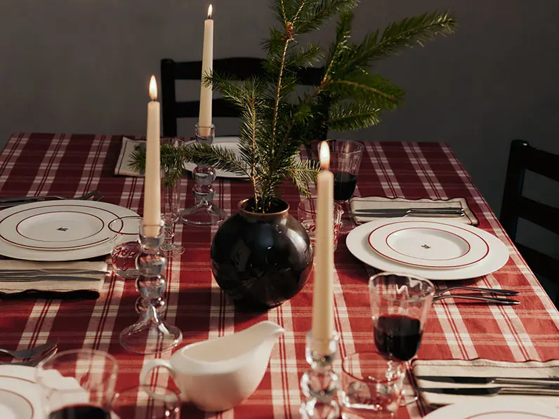 Christmas table with plaid tablecloth