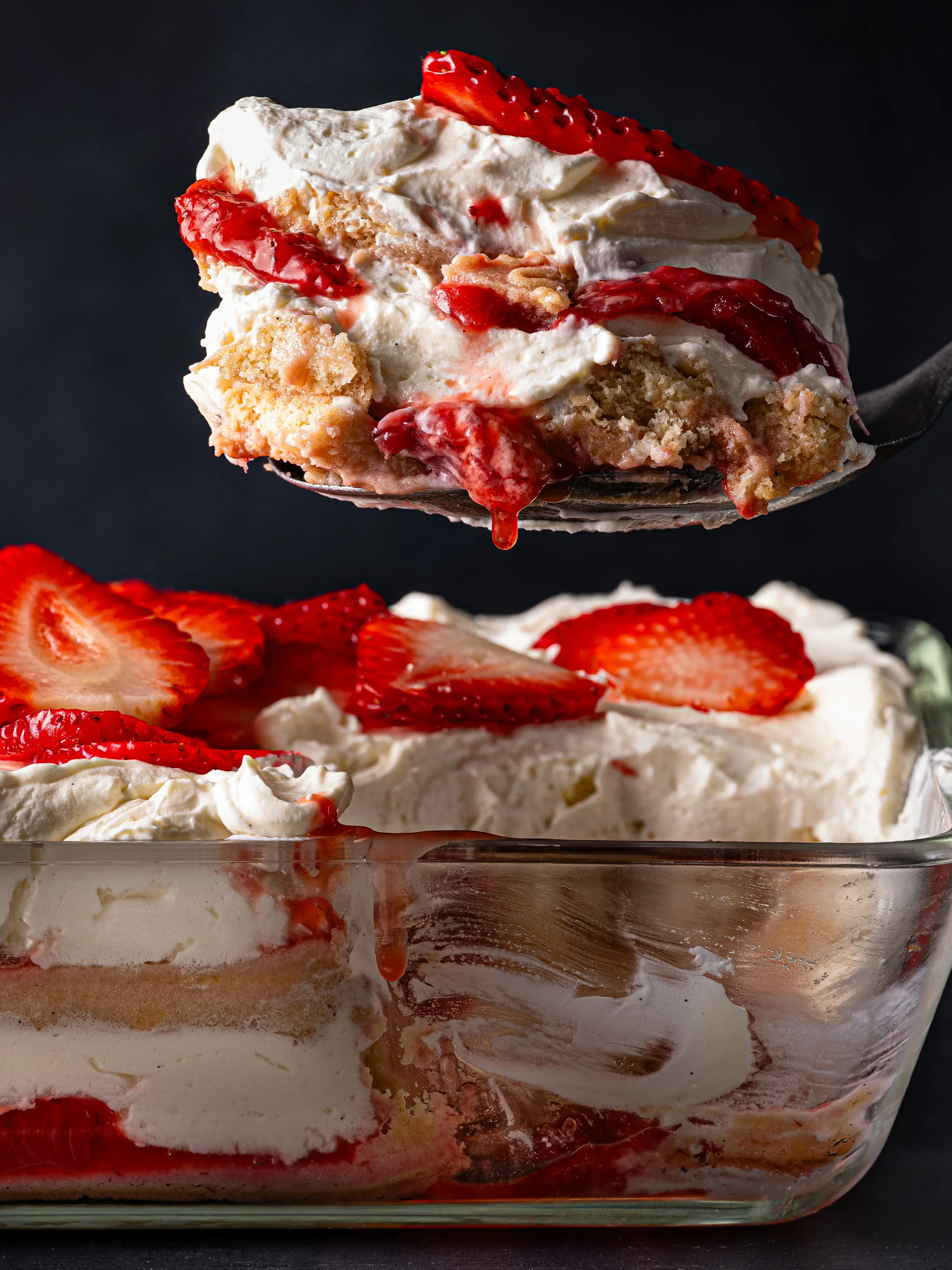 Strawberries and cream tiramisu in glass tray