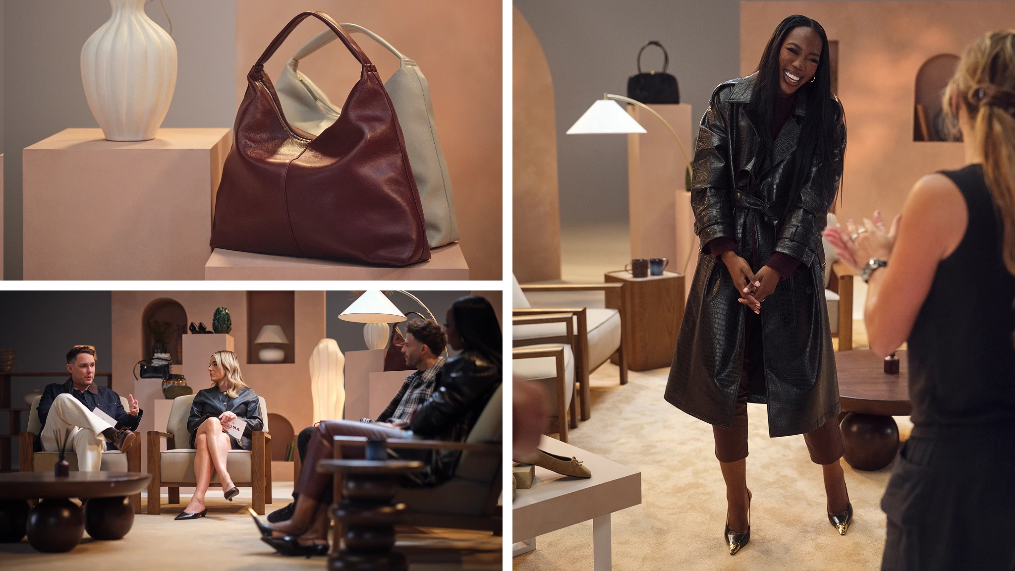 Leather shoulder bags; The hosts of Love That; Melissa wearing a brown mock croc trench coat
