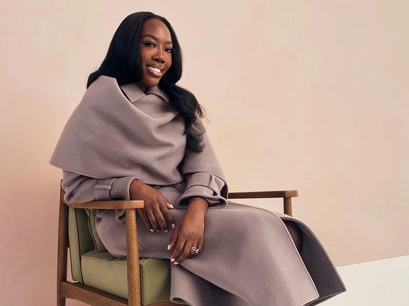 Celebrity stylist Melissa wearing a taupe Jaeger coat