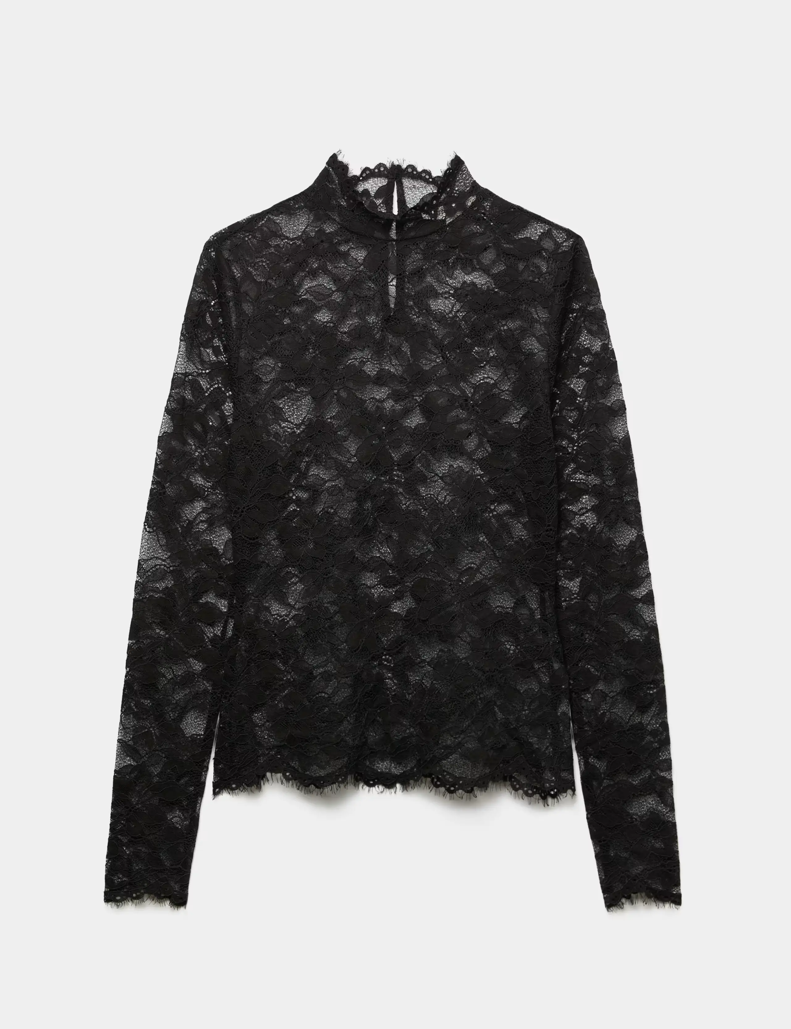 Black lace top with a high neckline.
