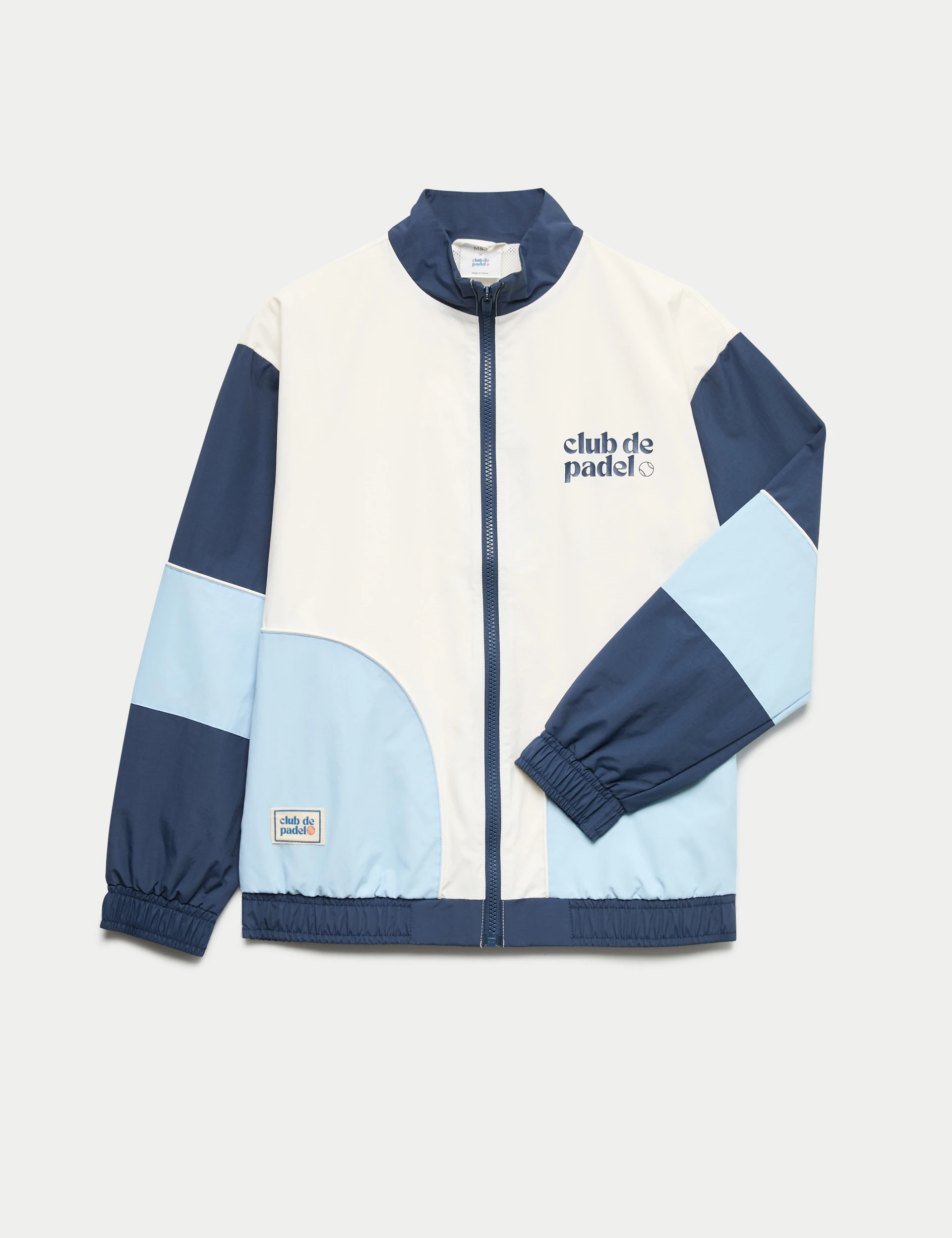 Blue and white windbreaker