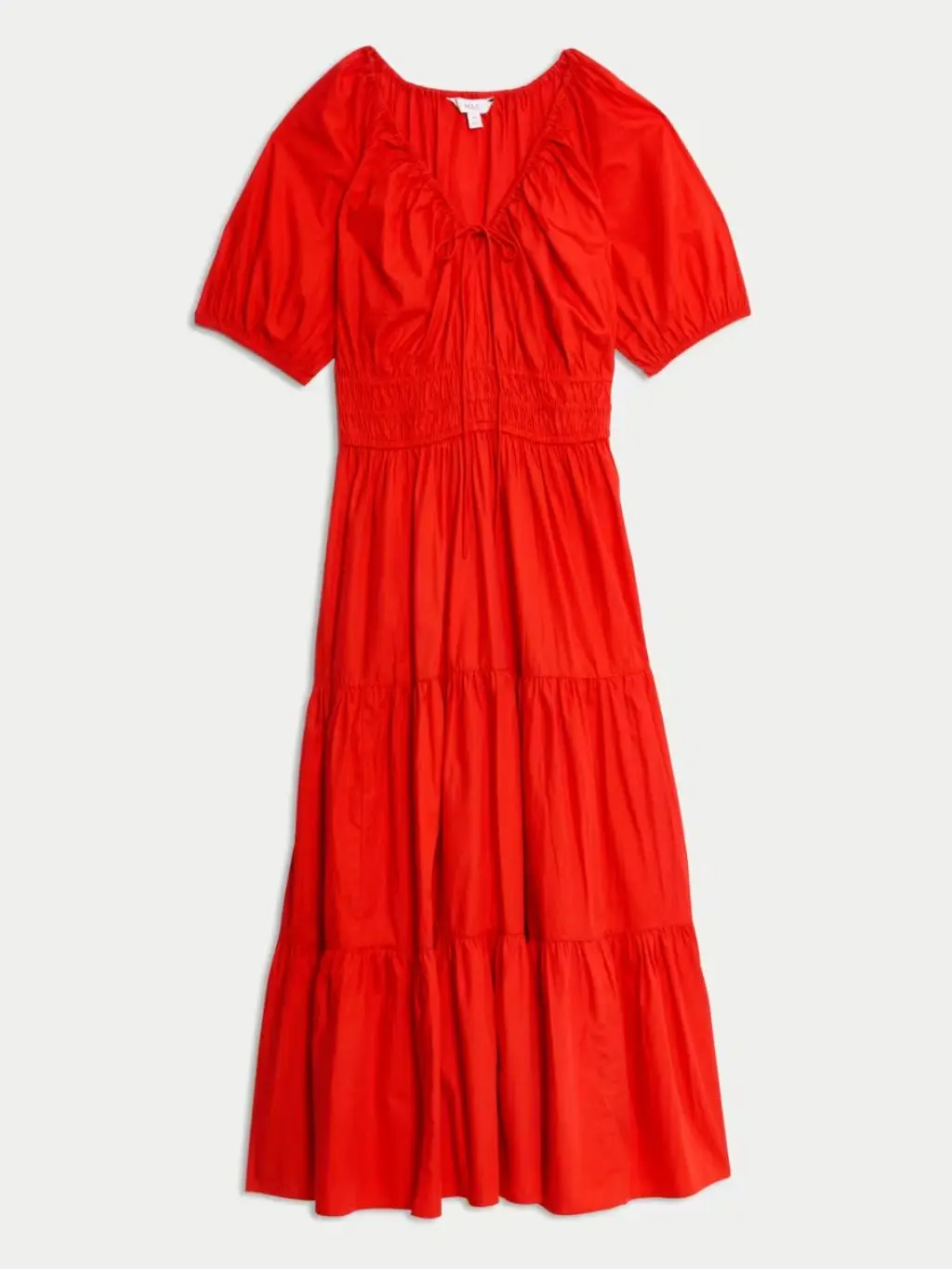 A cutout image of a red midi dress with short sleeves