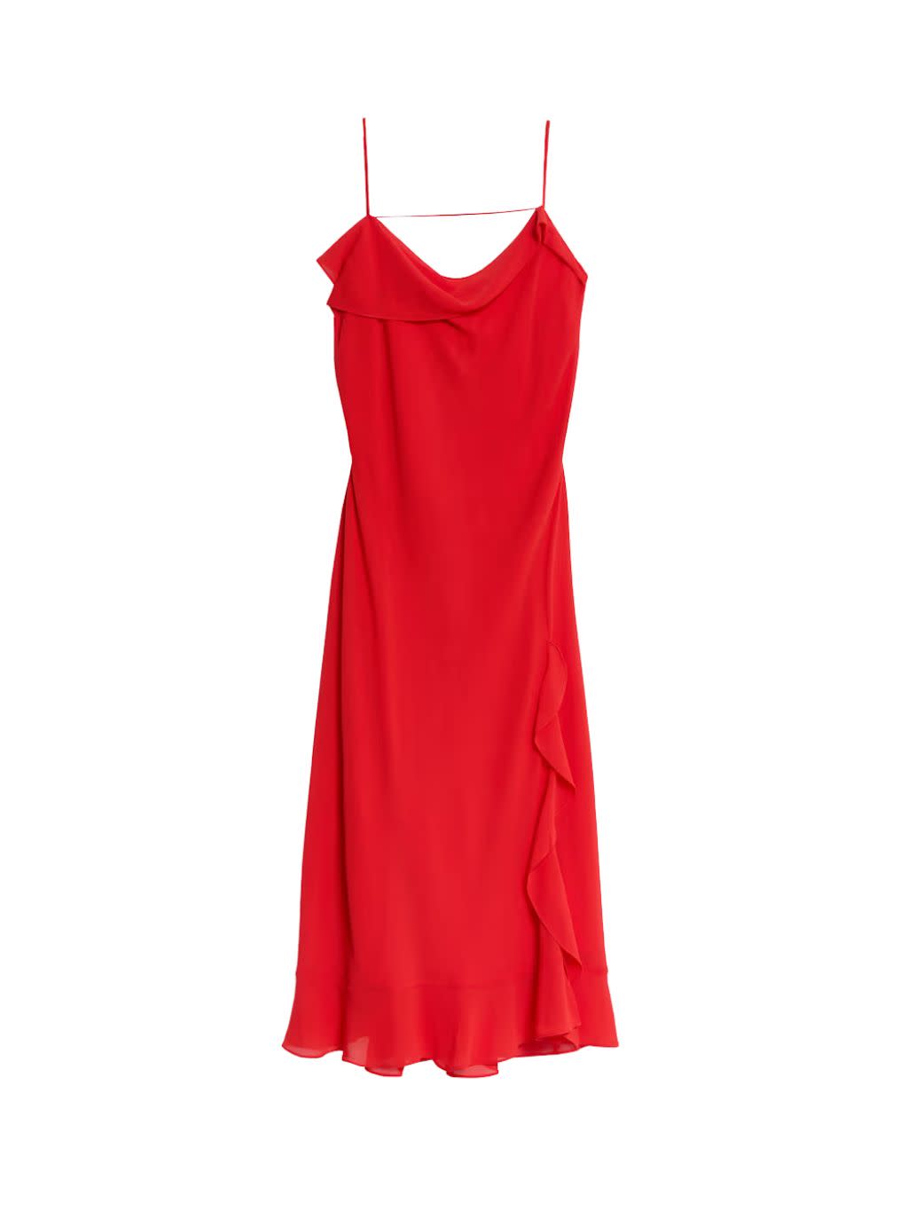 A bright red cowl neck slip dress