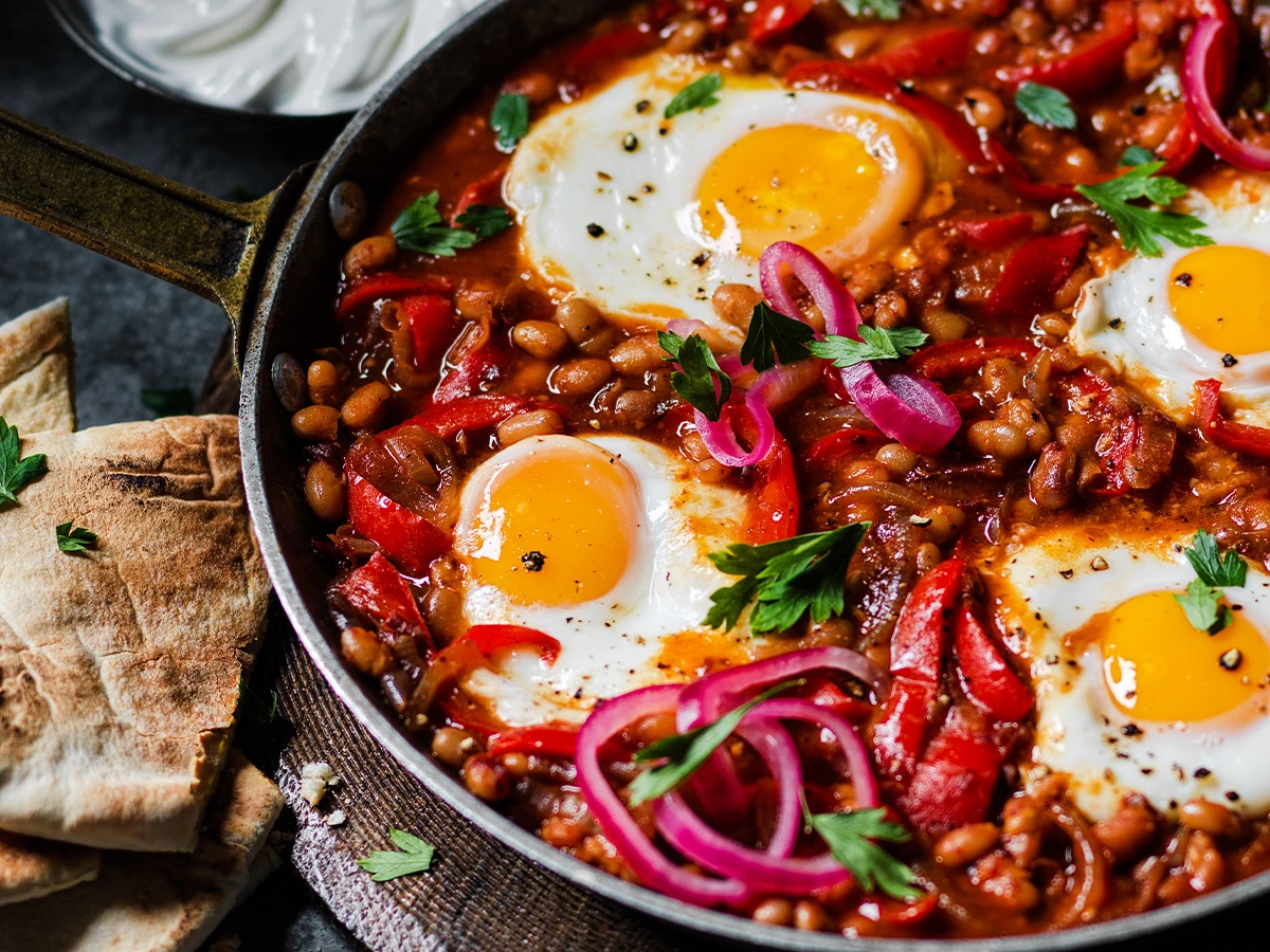 Baked eggs with beans