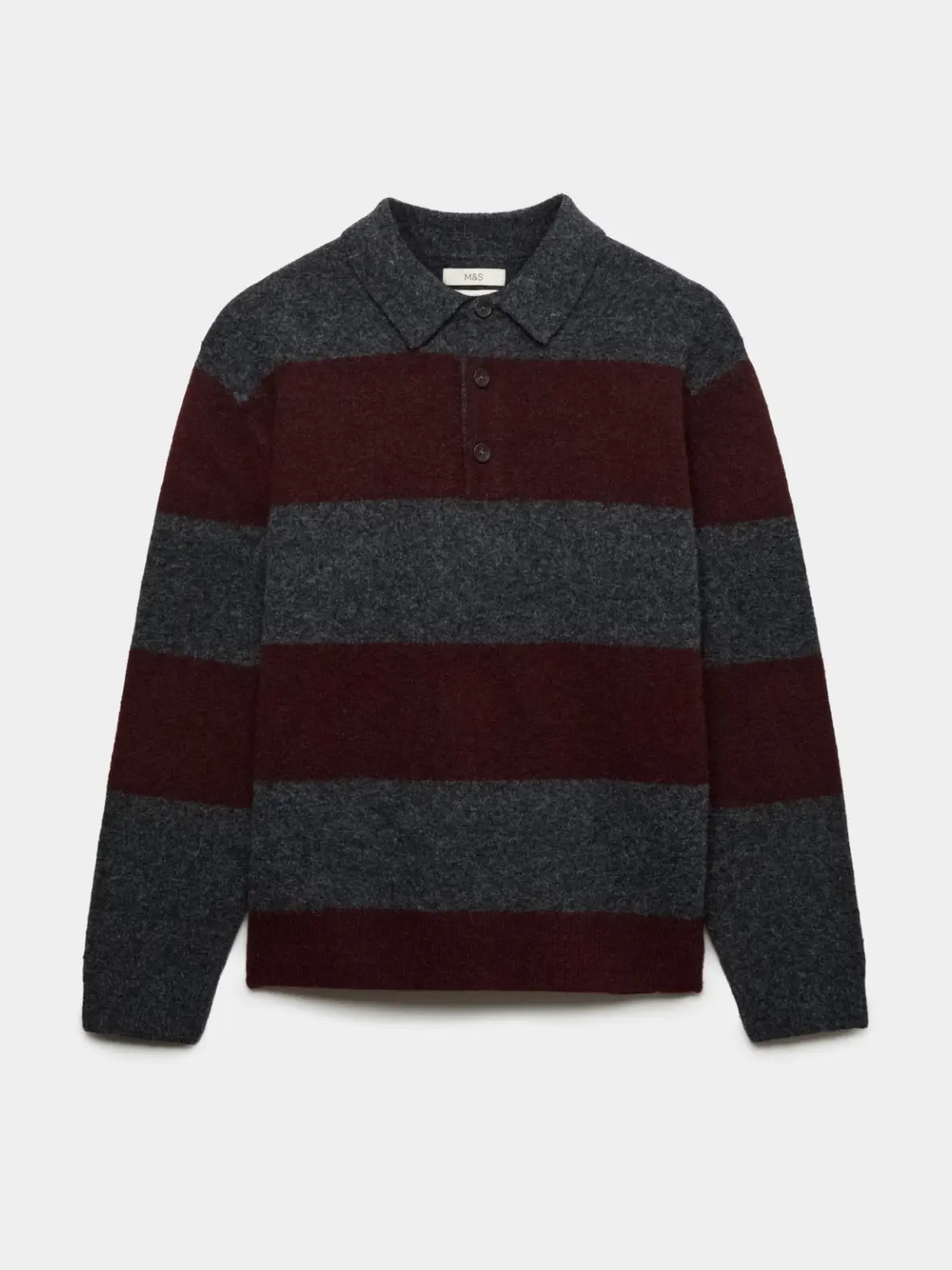 Grey and burgundy striped polo-style jumper