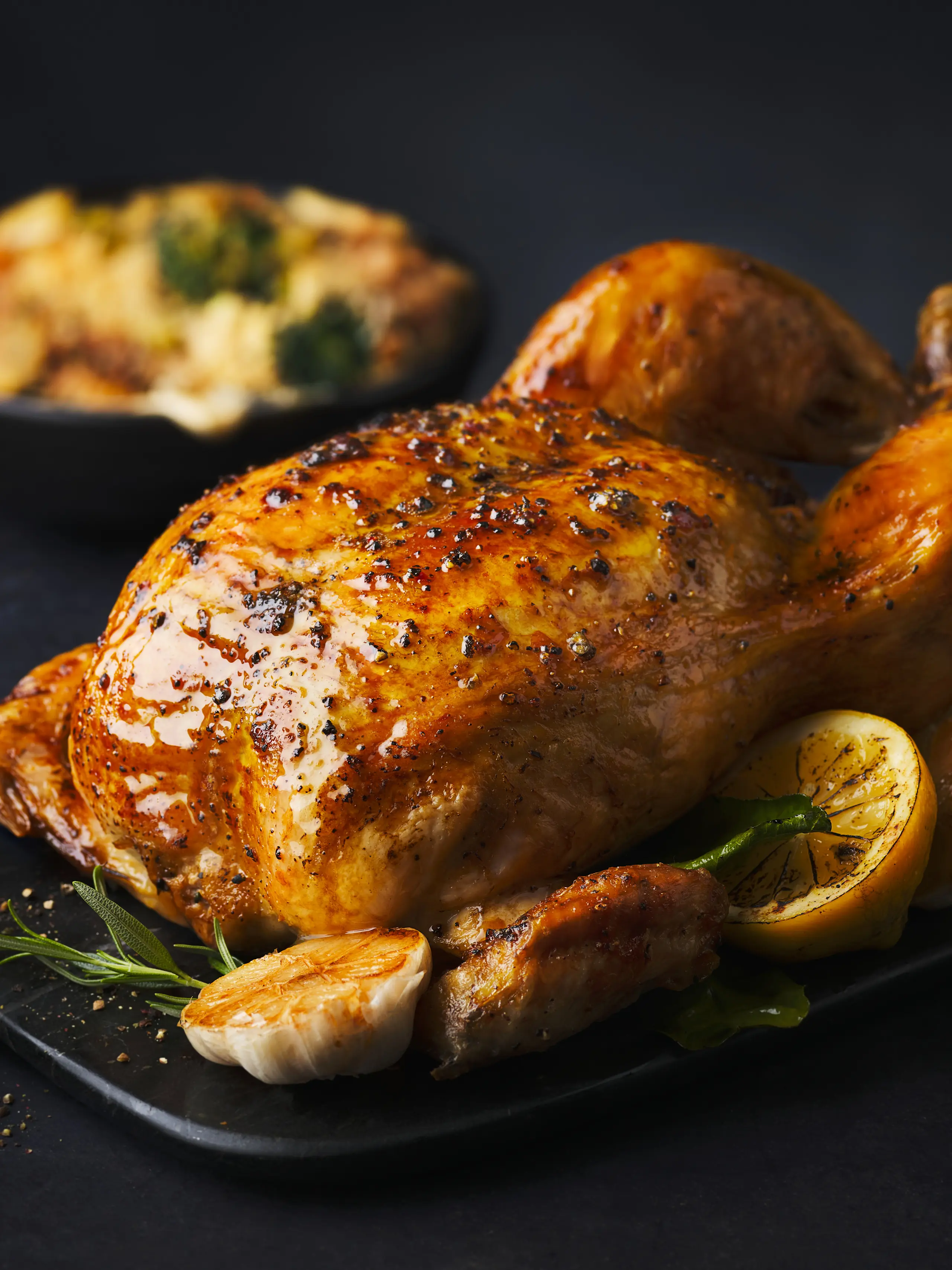 Roast chicken on tray