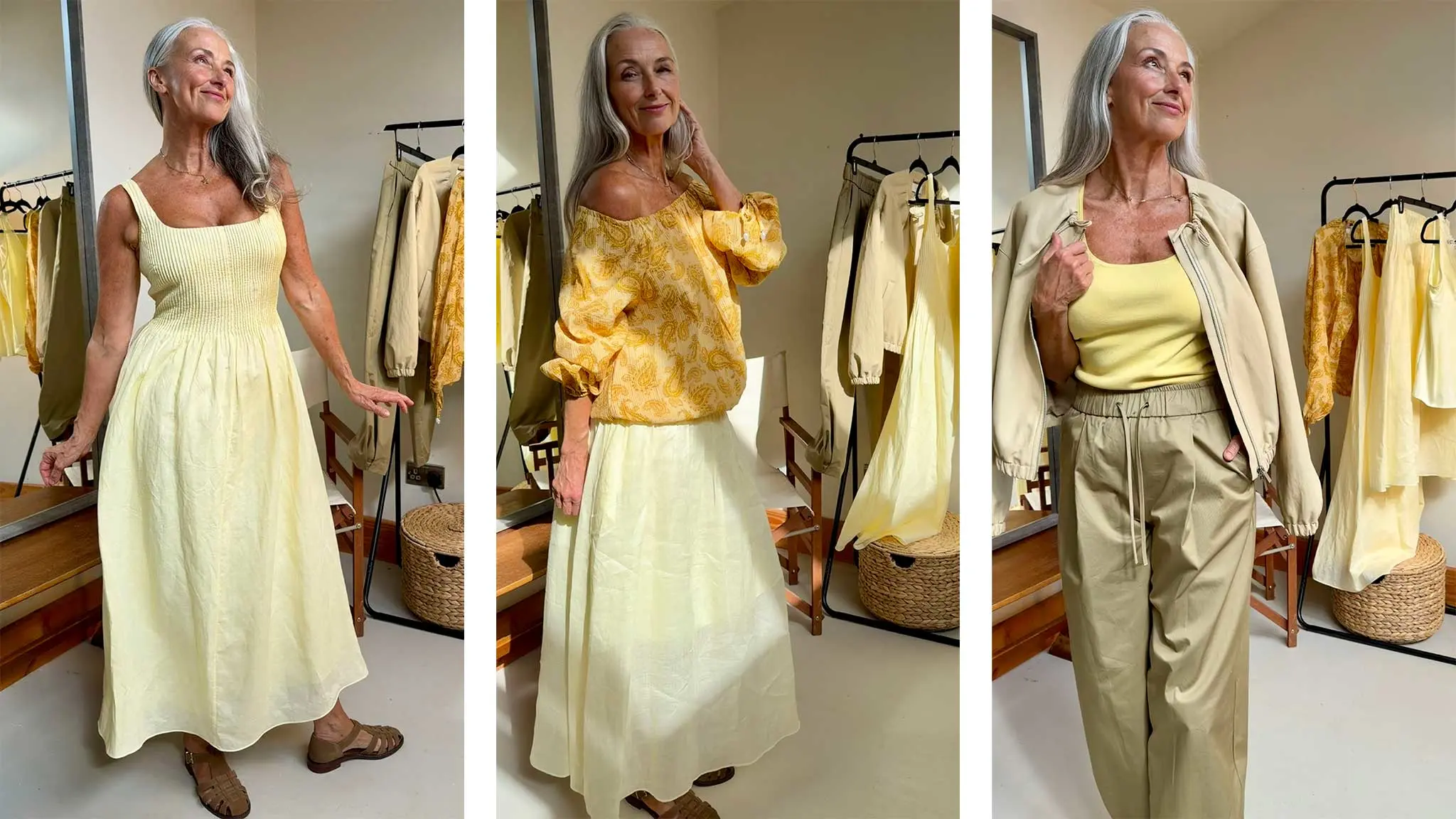 Woman in three yellow outfits