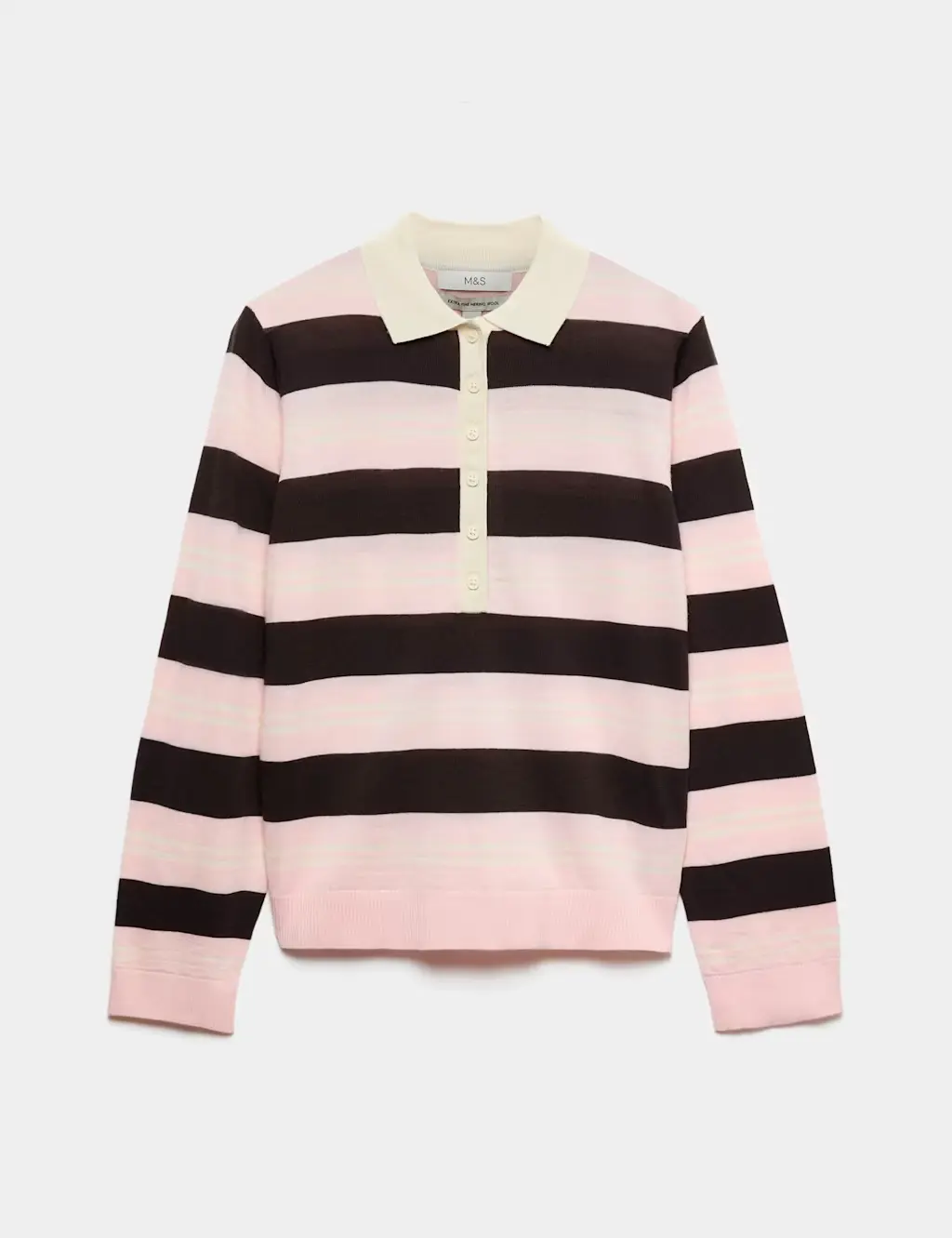 Merino rugby-style jumper with pink, brown and white stripes.