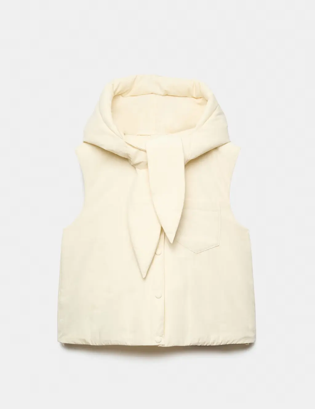 Padded cream gilet with a tie hooded neckline.