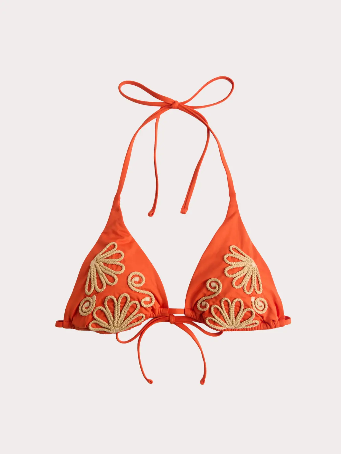 Orange triangle bikini top with floral details 