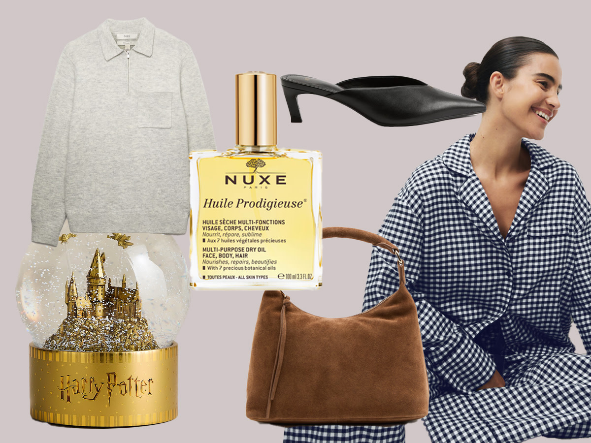 Snowglobe, grey jumper, body oil, handbag, woman in blue pyjamas