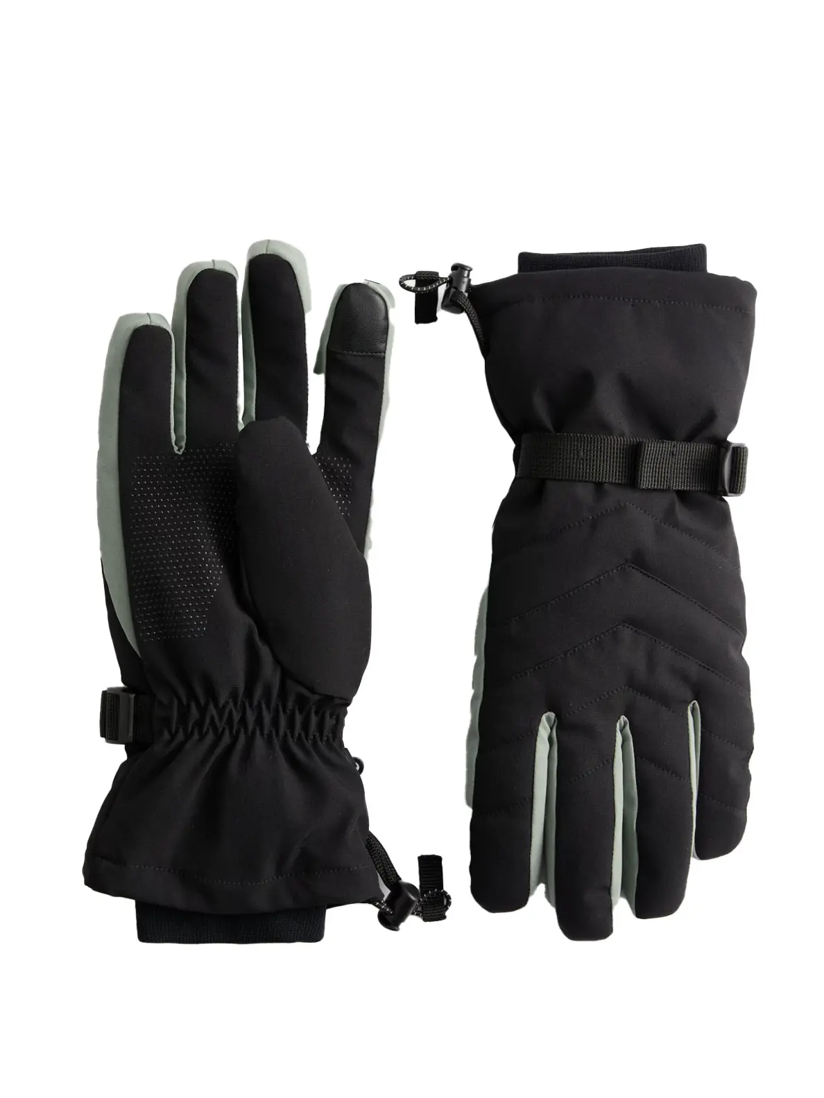 Pair of black ski gloves with mint green accents and toggle details