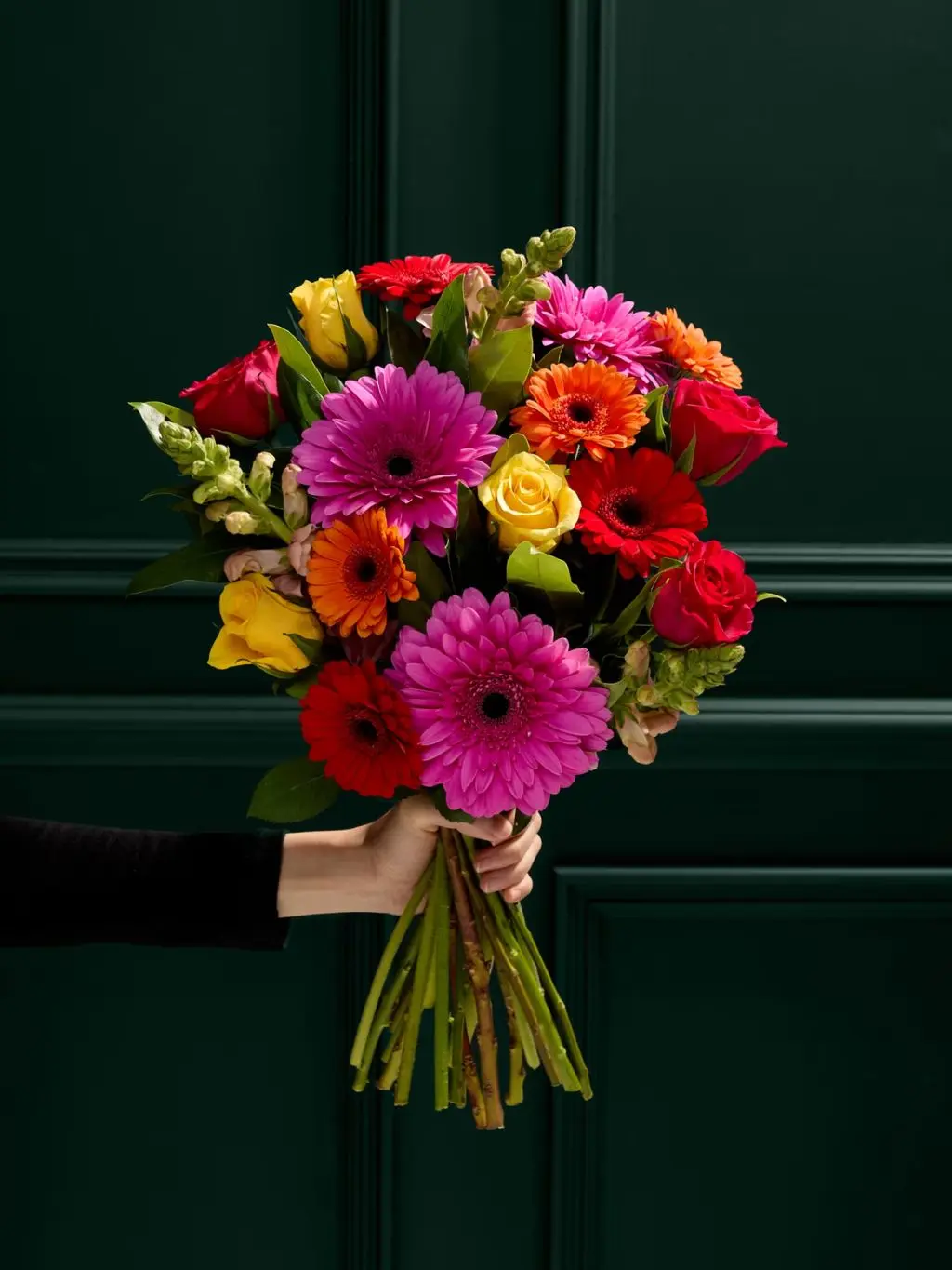 A hand holding a colourful bouquet of spring flowers against a dark green background