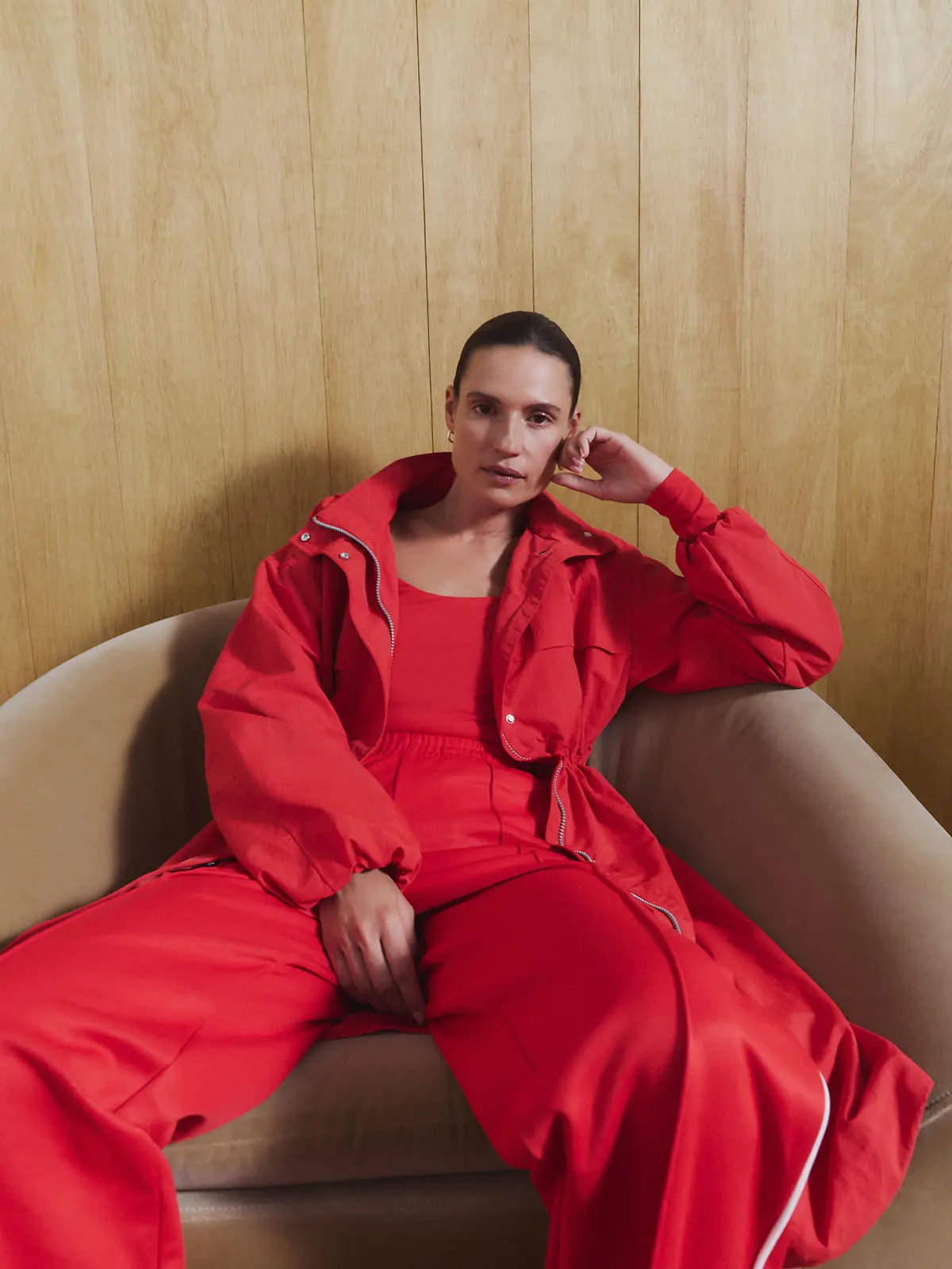 Woman wearing all red outfit