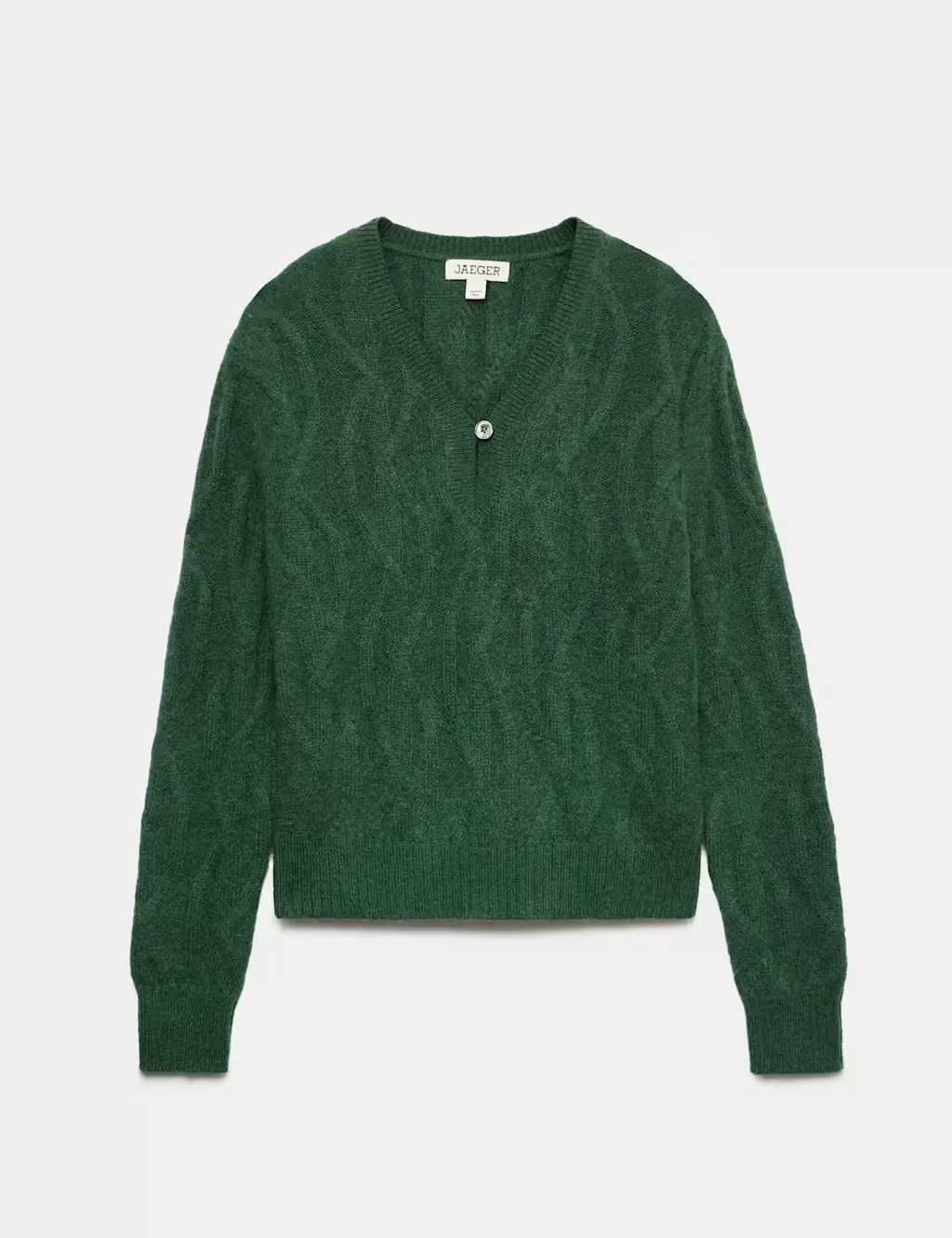 Green cable knit jumper with a V-neckline and button.