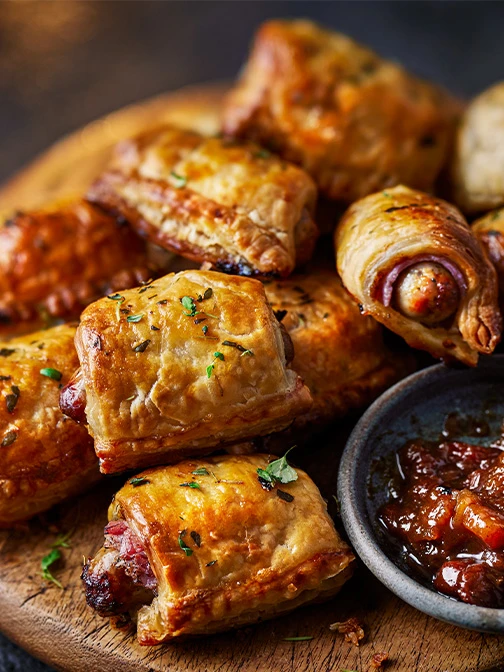 Stacked sausage rolls filled with pigs in blankets and a dipping sauce