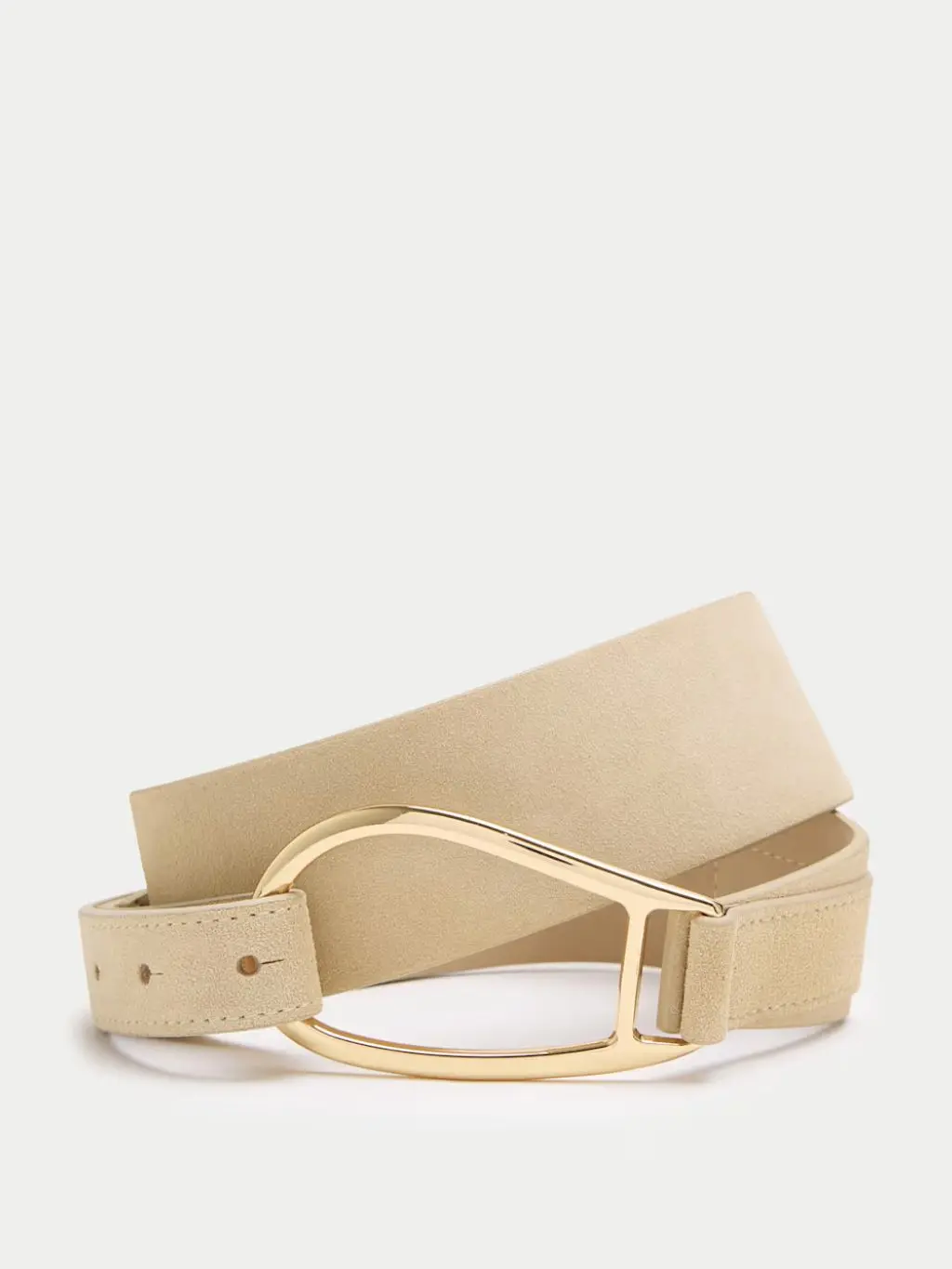 A cut out of a cream waist belt with gold buckle