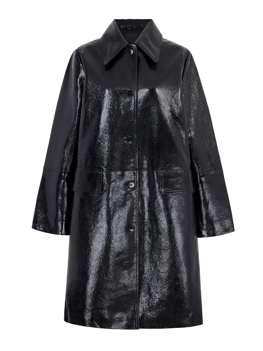 A high-shine car coat made from patent leather with a crackle effect