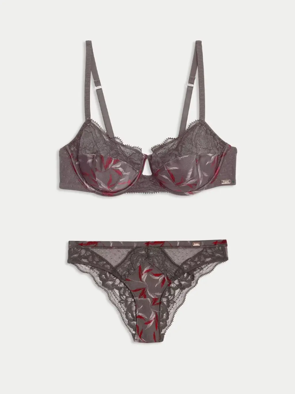 Cut outs of Brown and red silk and lace underwear set shot on a light background
