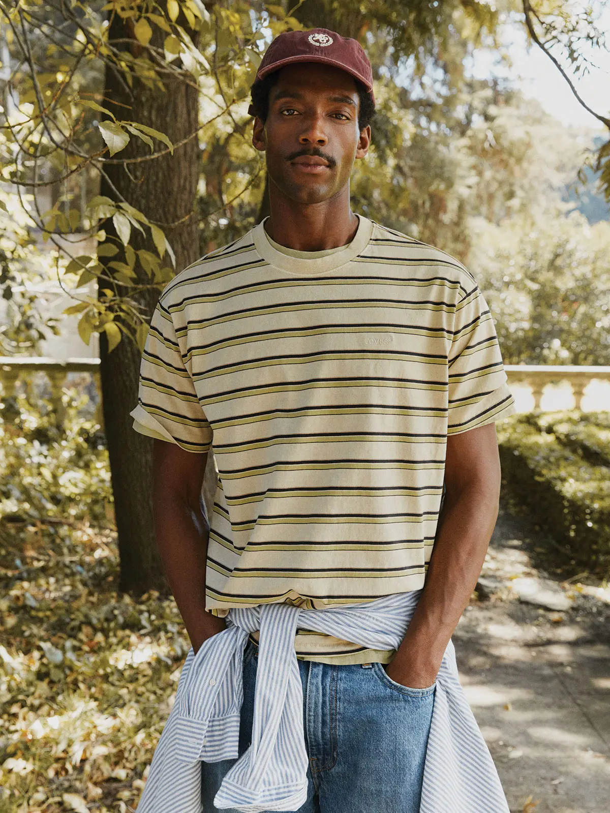 Man wearing striped T-shirt and blue Levi's jeans