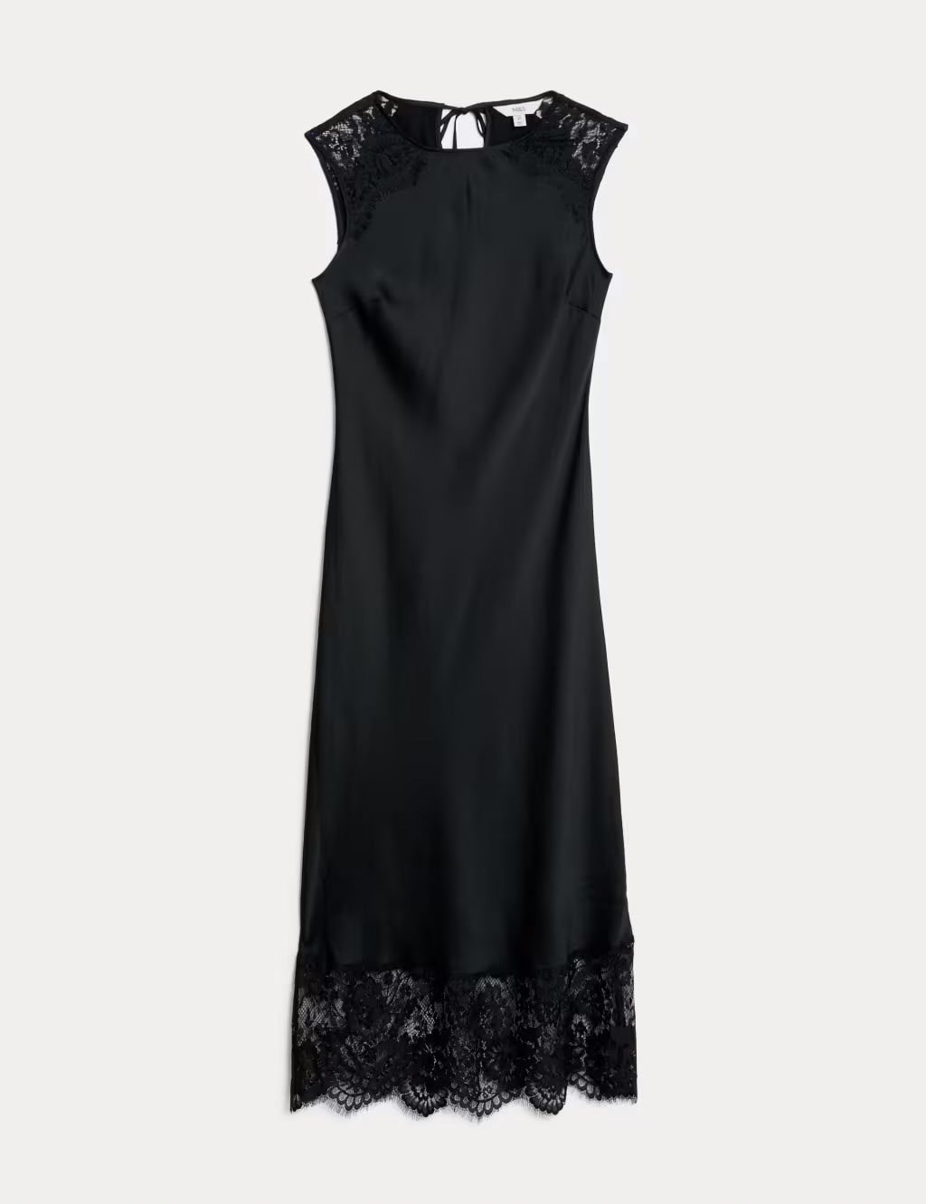 Black satin lace-trim sleeveless dress