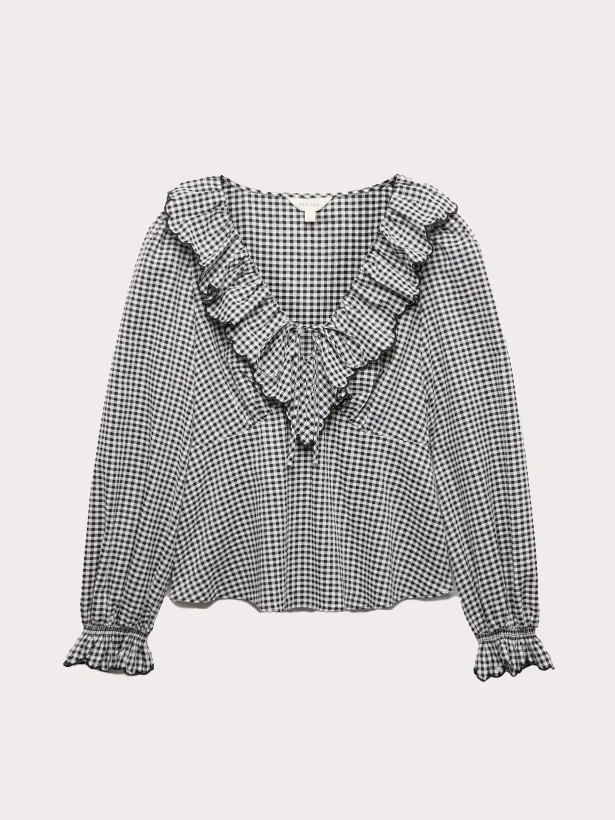 Gingham blouse in black and white with frill detail 
